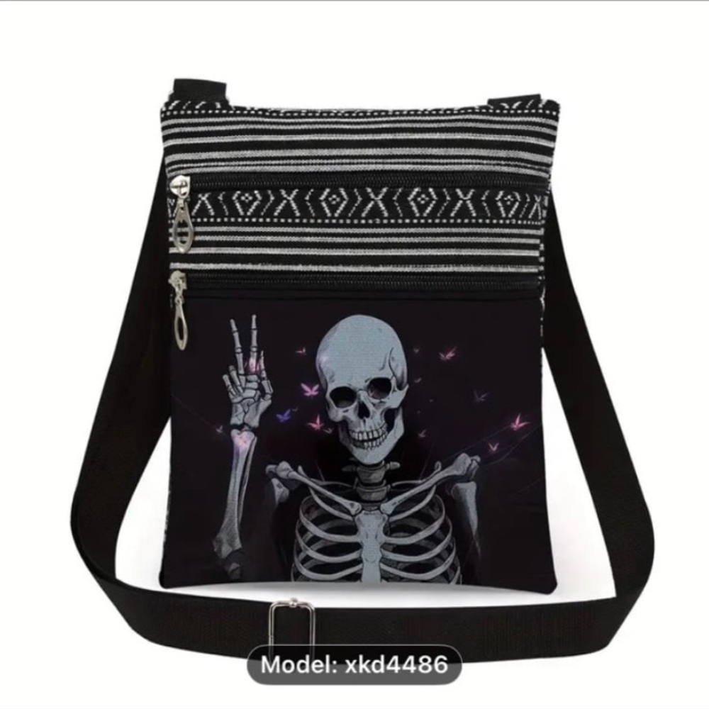 New! Skull Print Black Crossbody Bag with Adjustable Strap, Fashionable Skeleton